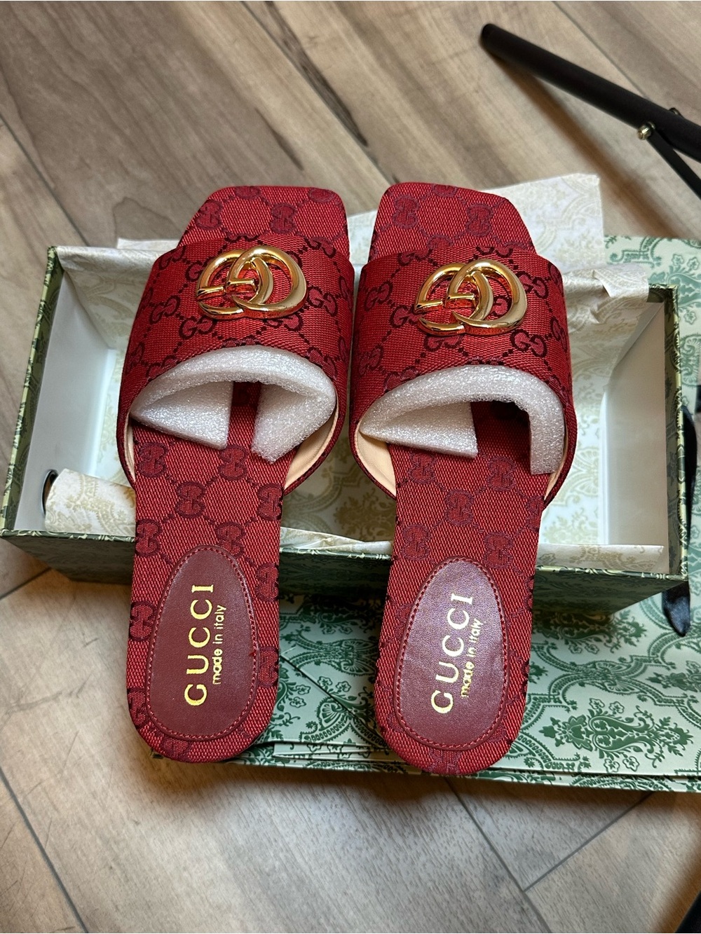 Gucci Red GG Canvas Slide Mules with Gold Double G